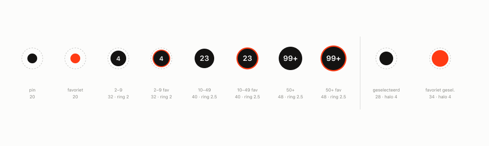 Pin and cluster scale: single pin, favourite, clusters of 2–9, 10–49 and 50+, selected states