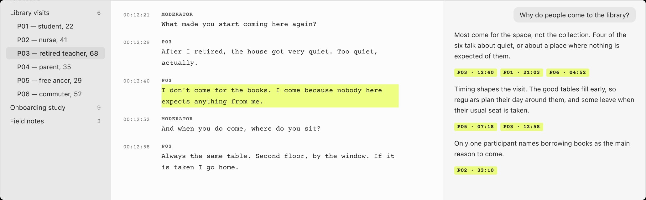 A Fluo session: a highlighted quote in the transcript, and answers that cite it.