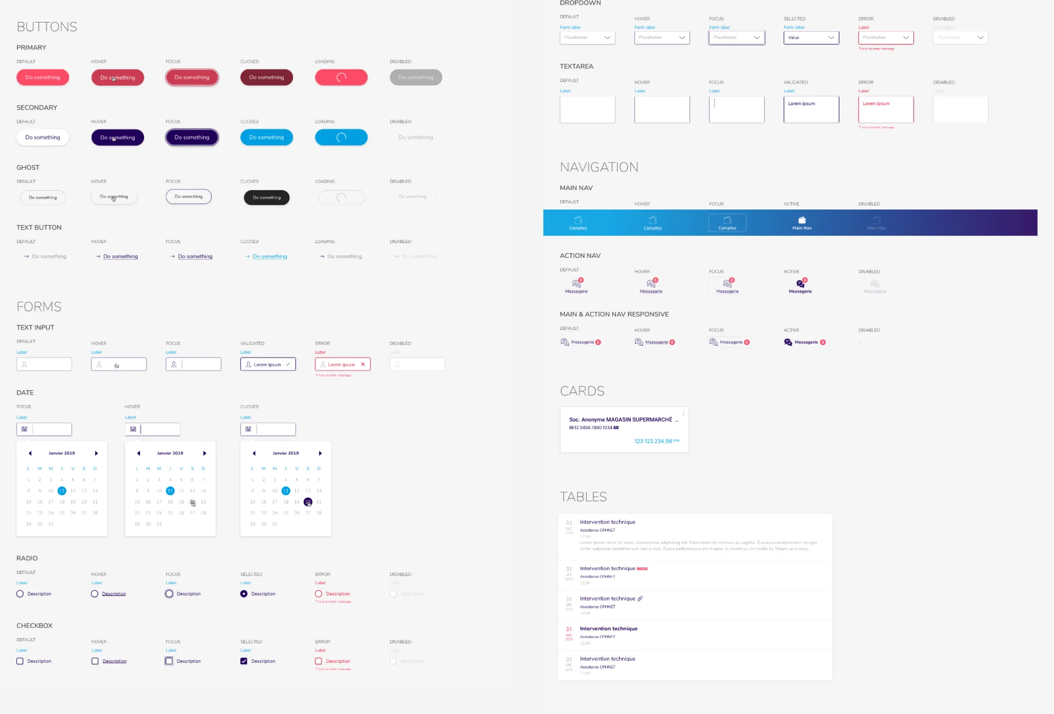 The design system: buttons, forms, navigation, cards and tables.