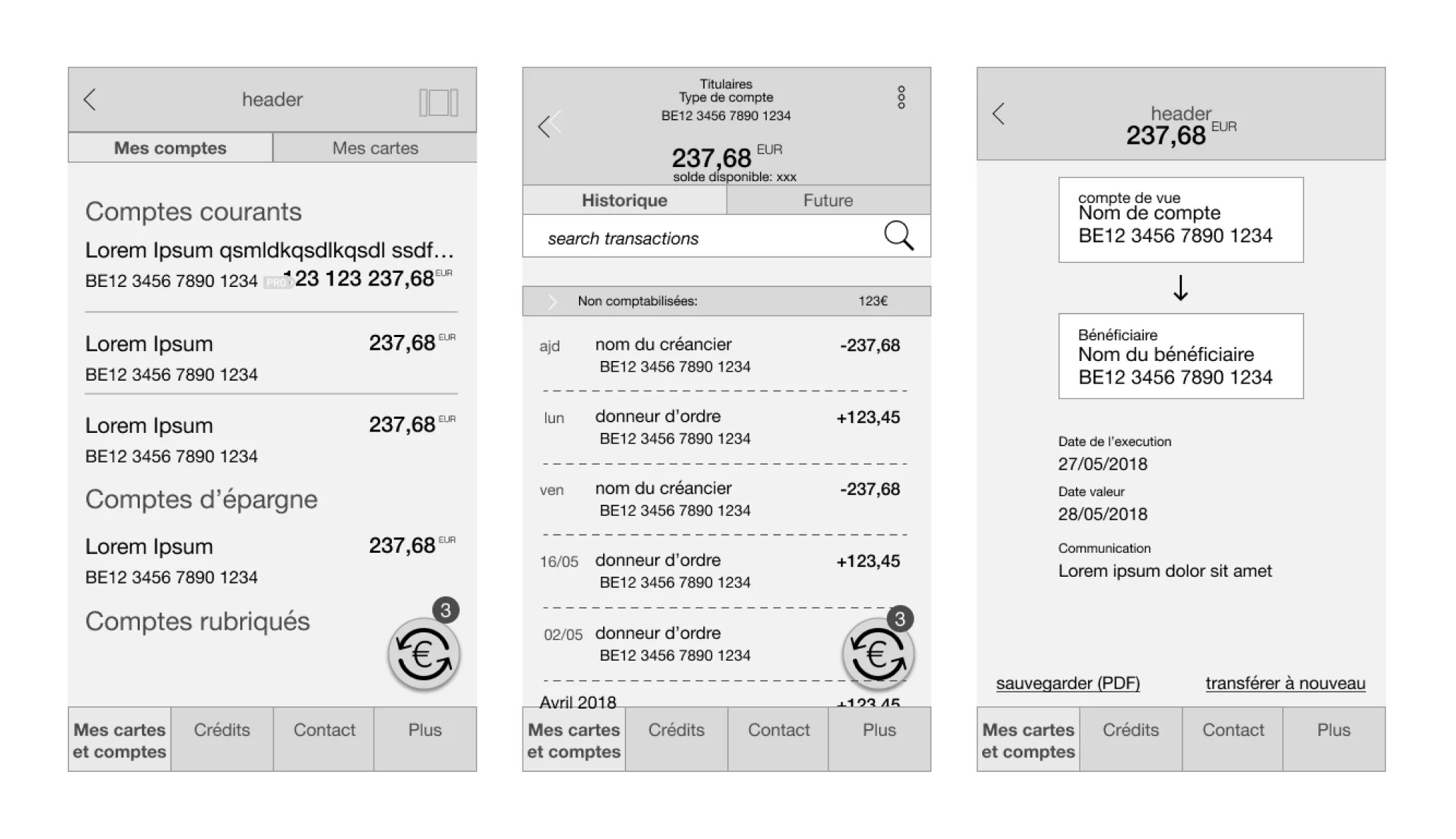 Accounts, transaction history and transfer detail.