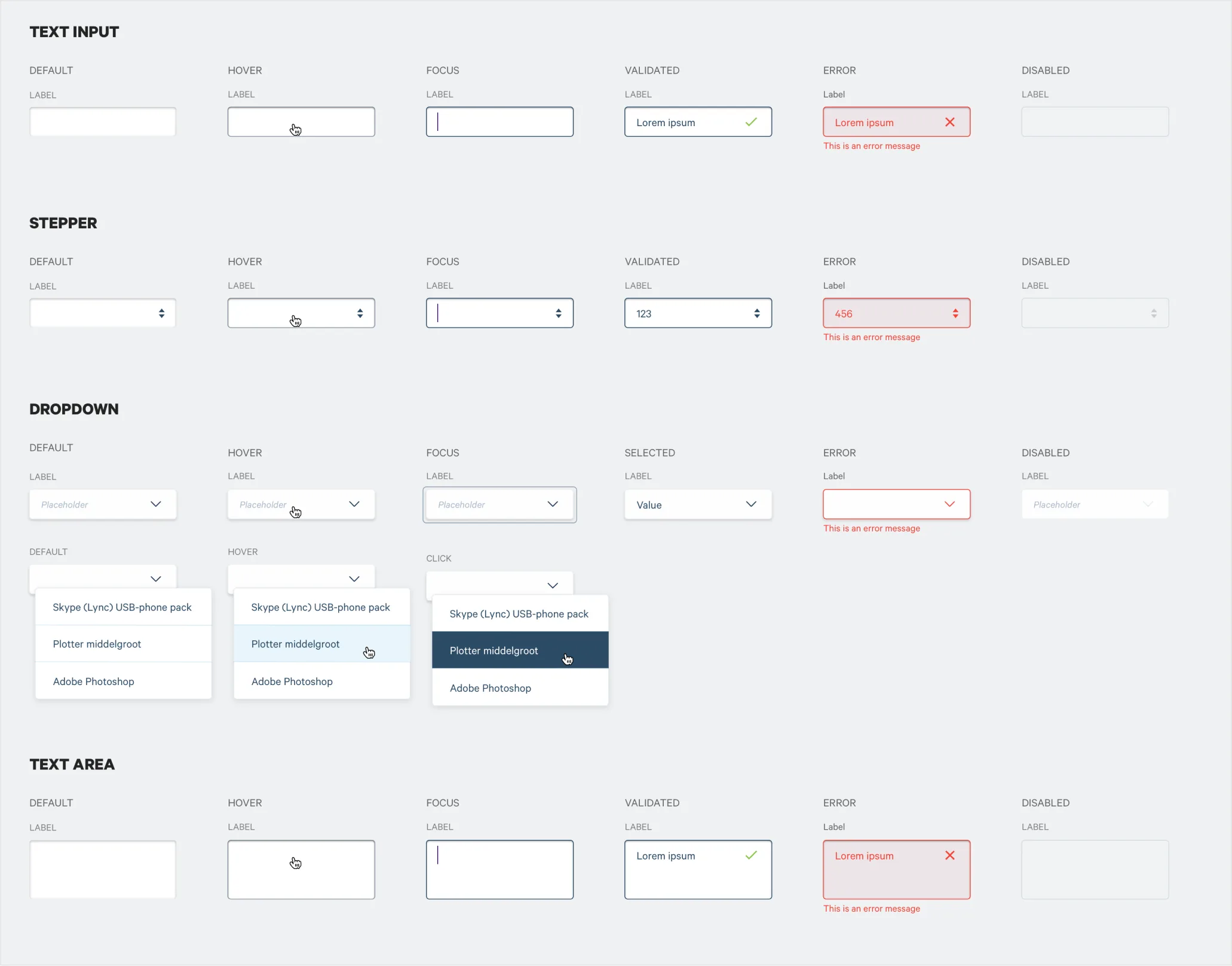 Text input, stepper, dropdown and text area, each in default, hover, focus, validated, error and disabled.