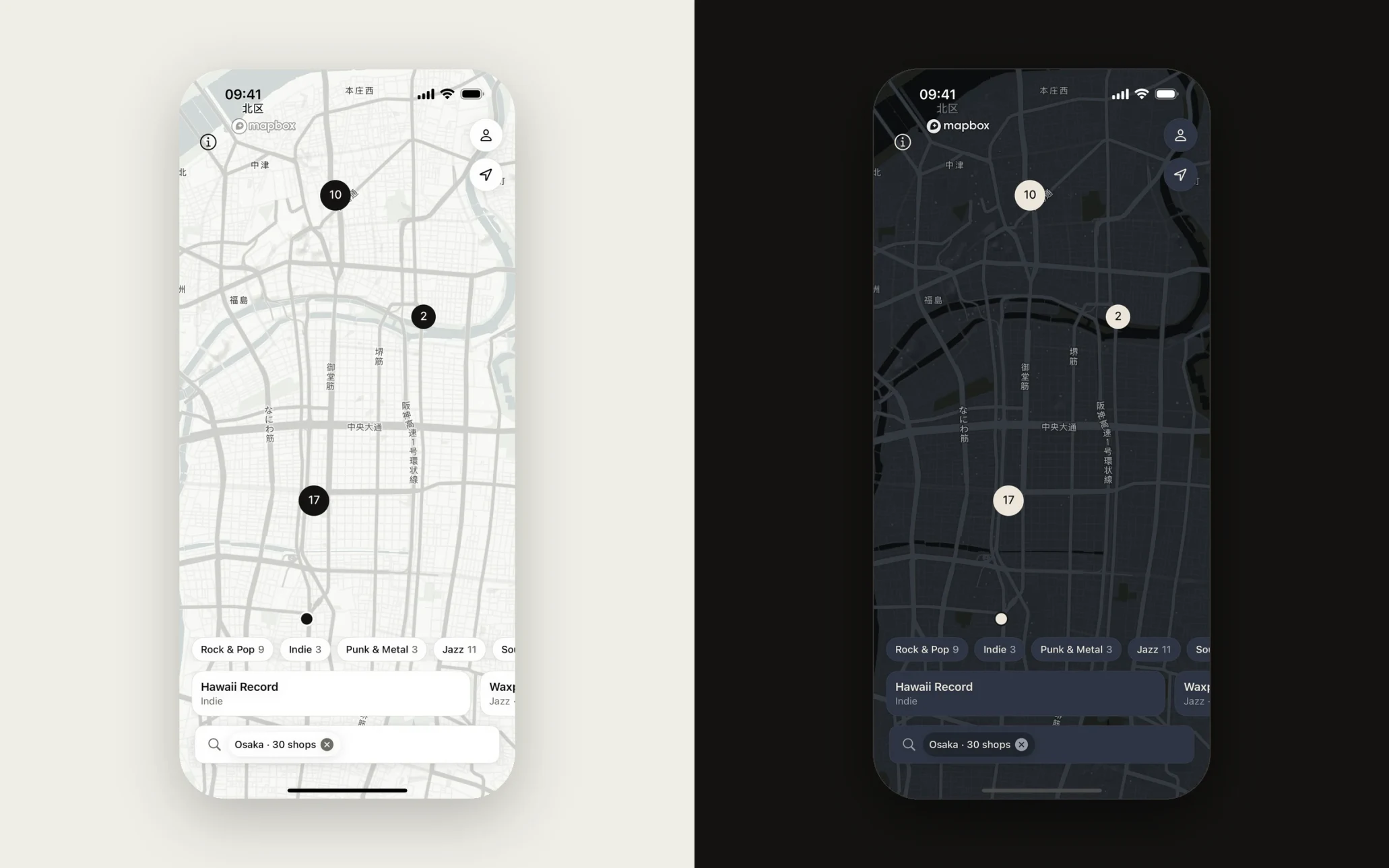The map in light and dark mode.