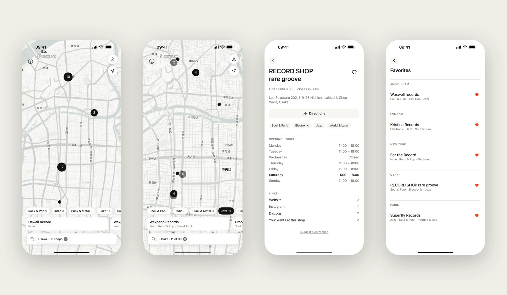 Map, genre filter, store, favourites.